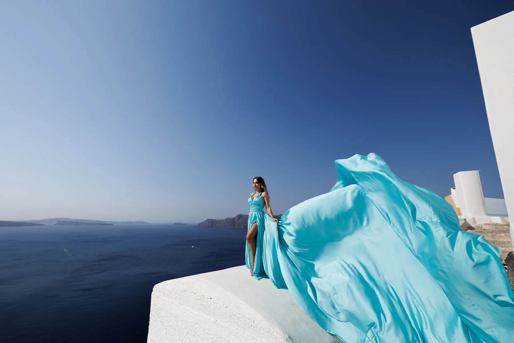 Volaeri flying dress portfolio, Santorini portrait 2