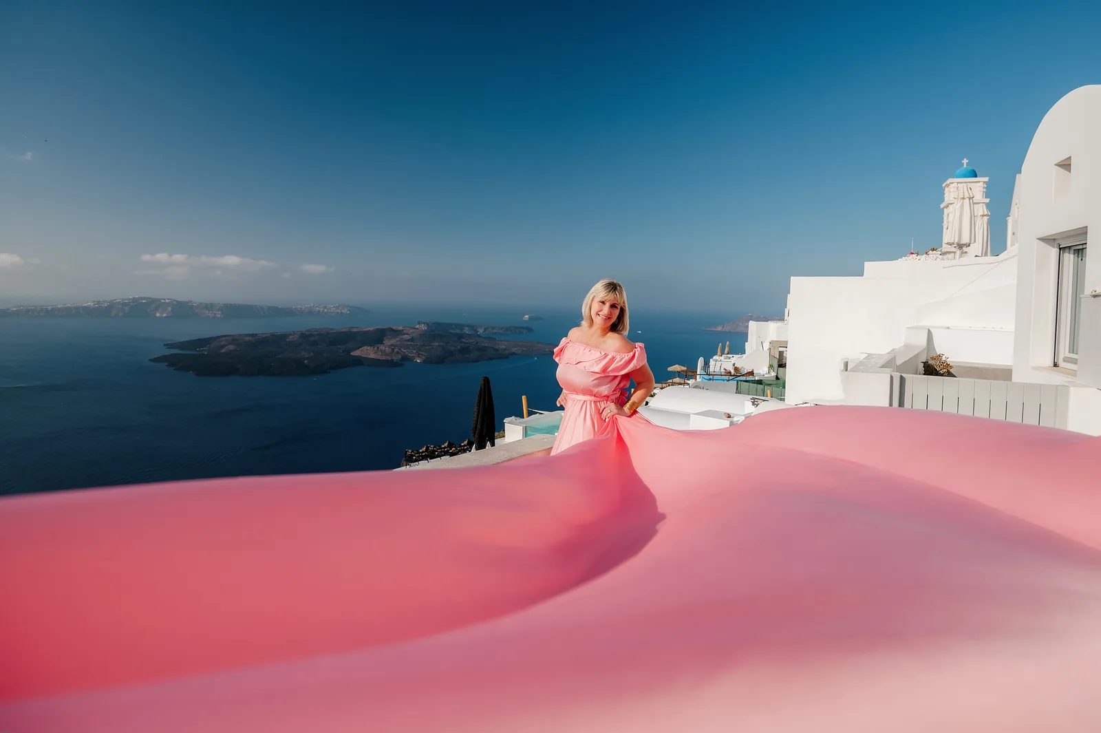 Blush Off-Shoulder flying dress in Santorini