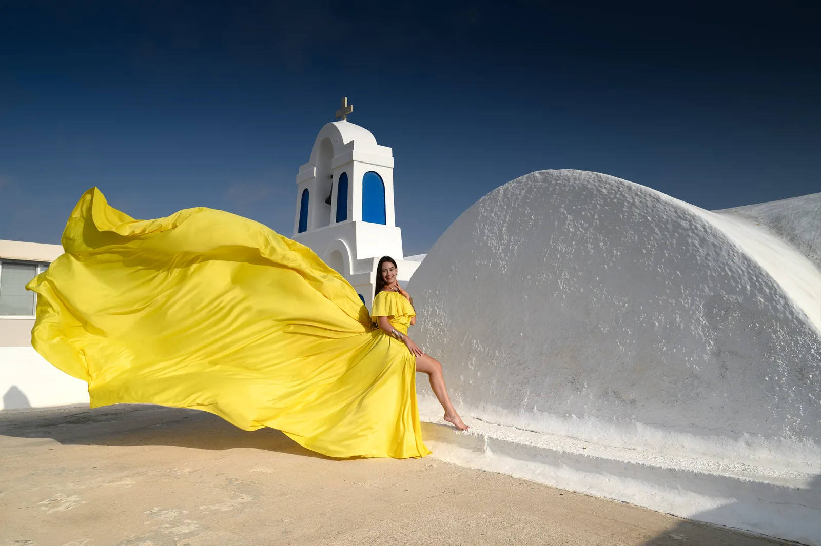 Golden Off-Shoulder flying dress in Santorini