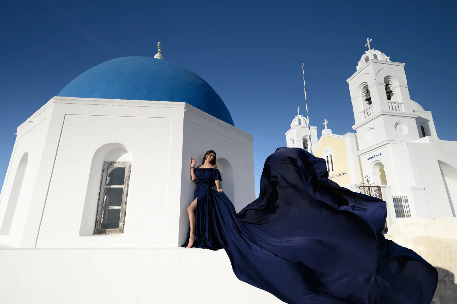 Midnight Blue flying dress in Santorini
