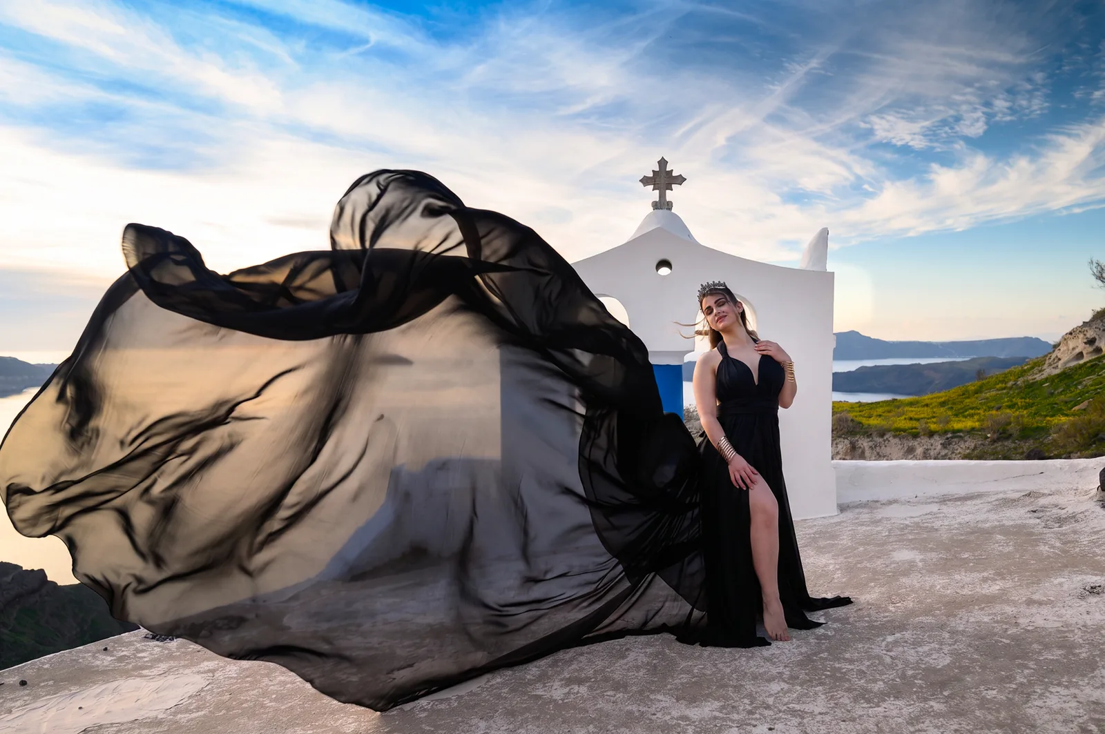 Santorini Noir flying dress in Santorini