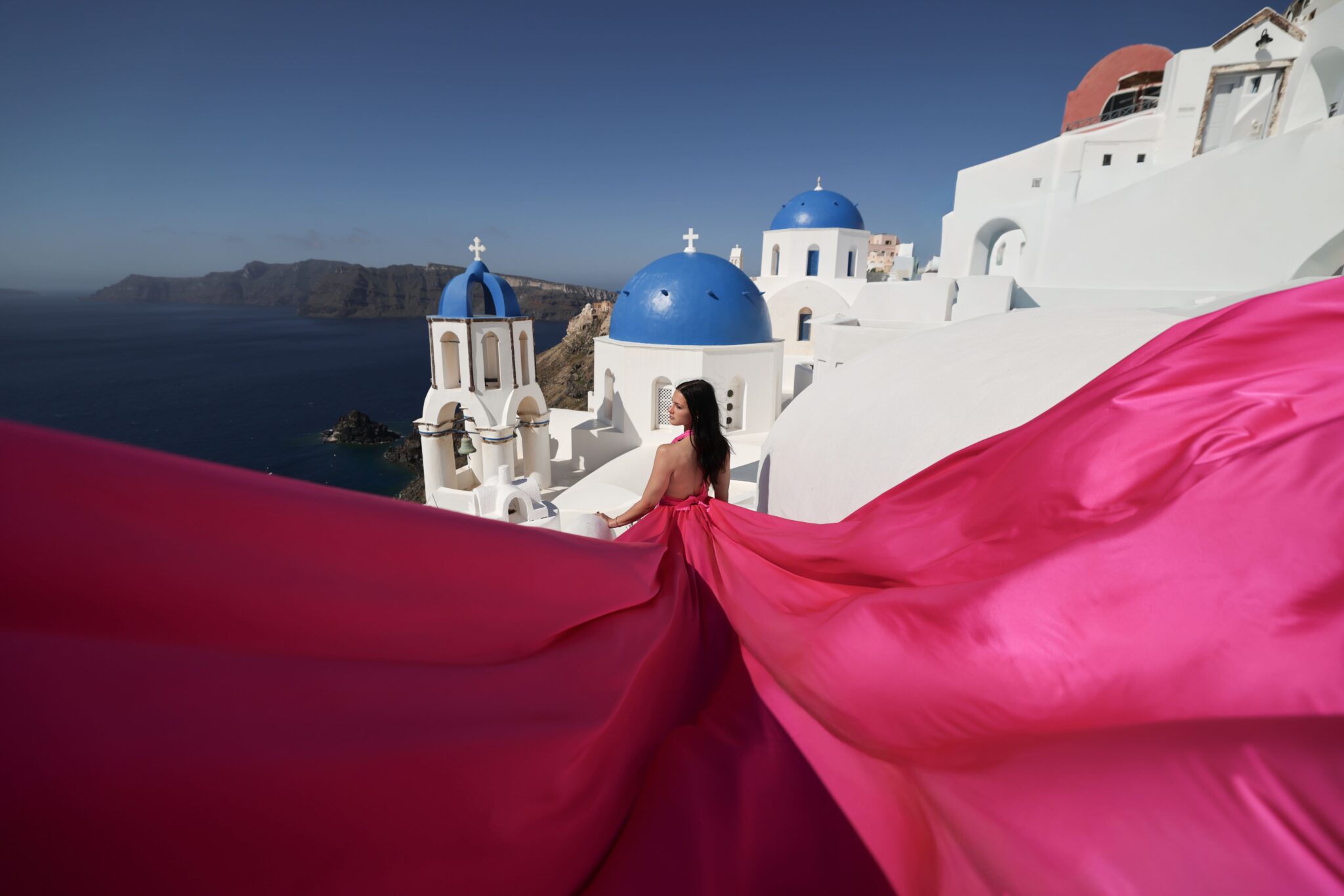 Couple photoshoot in the traditional hilltop village of Pyrgos, Santorini
