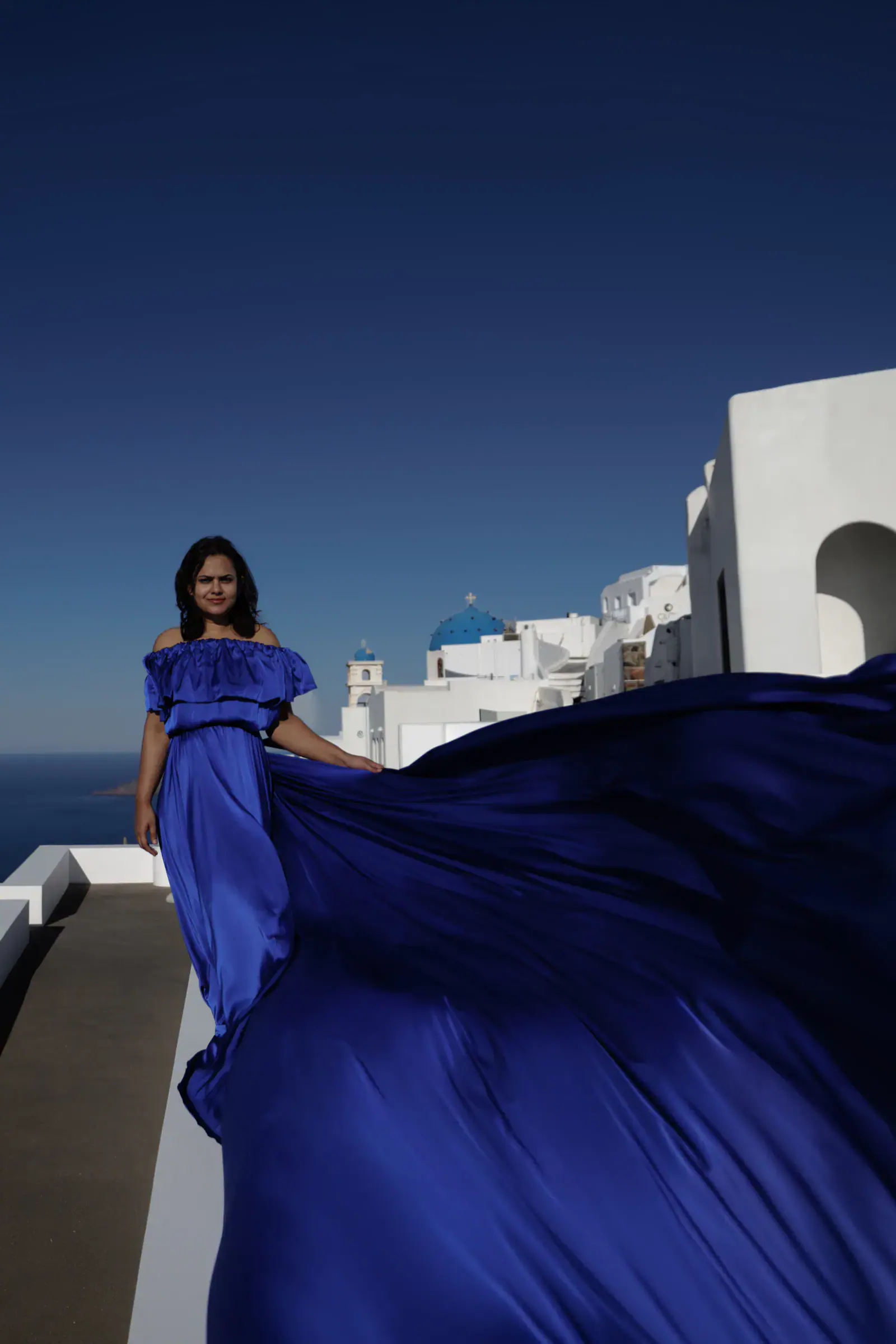 Azure Off-Shoulder flying dress, Santorini photoshoot