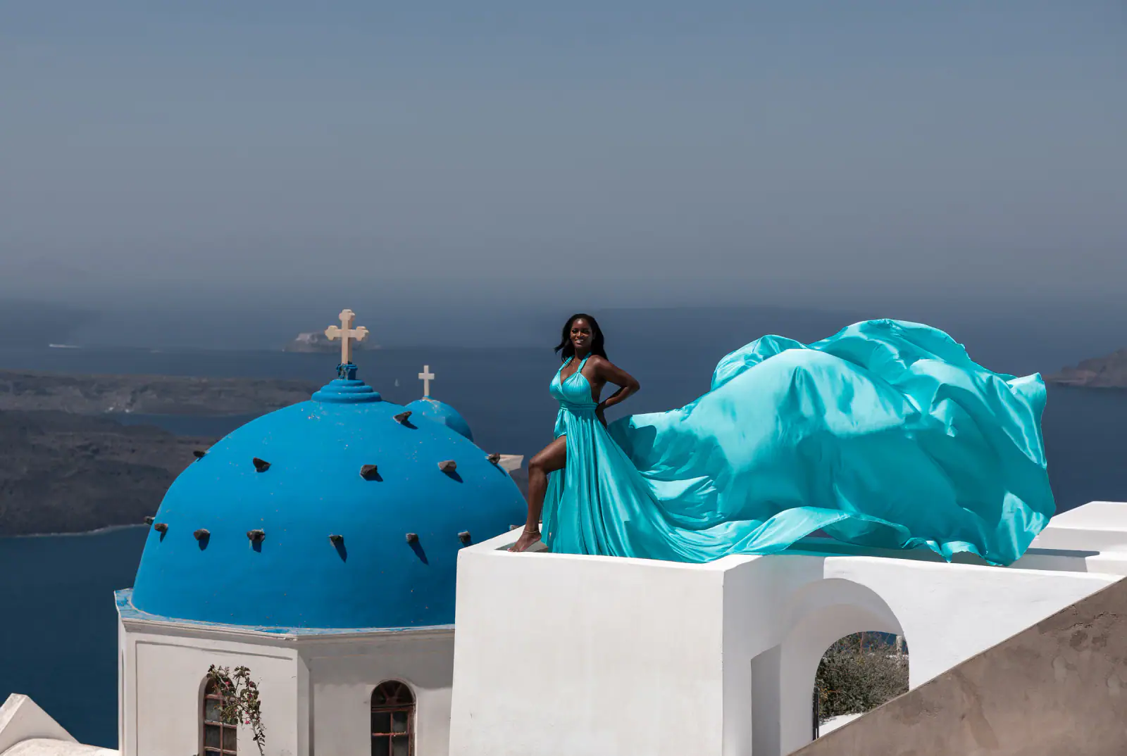 Royal Tiffany flying dress, Santorini photoshoot